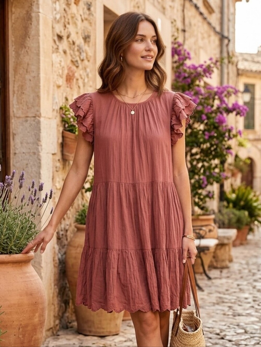 Wilfred Aritzia Women's Babydoll Rust Pleated Sidonie Tiered Mini Dress Size XS